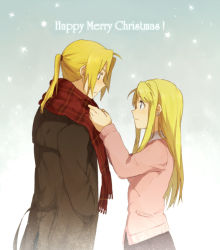  00s 1boy 1girl bad_id bad_pixiv_id blonde_hair blue_eyes blush christmas coat couple earrings edward_elric english_text engrish_text eye_contact fullmetal_alchemist hand_in_pocket happy hetero jacket jewelry long_hair looking_at_another plaid plaid_scarf ponytail ranguage riru scarf snow sweater winry_rockbell winter winter_clothes yellow_eyes  rating:Sensitive score:11 user:AvidWinryFan