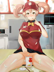  1girl :p blush bow bowtie breasts brown_hair censored convenient_censoring cup female_focus hat hataraku_maou-sama! highres huge_breasts legs long_hair looking_at_viewer naughty_face no_panties sasaki_chiho sitting smile solo spread_legs thighs tongue tongue_out twintails uniform woodzzz yellow_eyes  rating:Explicit score:39 user:Ynyswydryn
