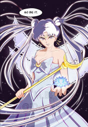  1girl bare_shoulders bishoujo_senshi_sailor_moon bow breasts cleavage collarbone commentary crescent crescent_facial_mark double_bun dress earrings english_commentary facial_mark forehead_mark hair_bun highres idaevart jewelry long_hair looking_at_viewer princess_serenity sky sleeveless sleeveless_dress solo speech_bubble star_(sky) starry_sky v-shaped_eyebrows watermark white_bow white_dress white_hair white_wings wings 