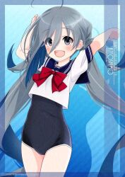  1girl ahoge blue_background breasts character_name cowboy_shot glaze_artifacts grey_eyes grey_hair hair_between_eyes highres inaba_shiki kantai_collection kiyoshimo_(kancolle) long_hair looking_at_viewer low_twintails open_mouth school_swimsuit school_uniform serasuku small_breasts smile solo swimsuit swimsuit_under_clothes twintails very_long_hair 