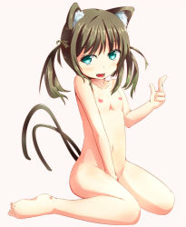 1girl animal_ears bad_id bad_pixiv_id barefoot blush breasts brown_hair cat_ears cat_tail feet green_eyes loli multiple_tails nipples nude open_mouth original simple_background sitting small_breasts solo tail toes umibocchi wariza white_background rating:Questionable score:61 user:danbooru
