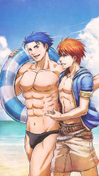  2boys :d abs adapted_costume asukan bare_shoulders beach black_male_swimwear black_swim_briefs blue_eyes blue_hair brown_shorts cloud collarbone day eliwood_(fire_emblem) fire_emblem fire_emblem:_the_blazing_blade fire_emblem_heroes friends grin hector_(fire_emblem) highres innertube looking_at_another male_focus male_swimwear multiple_boys muscular navel neck nintendo open_mouth outdoors parted_lips pectorals red_hair short_hair shorts sky smile swim_briefs swim_ring swimsuit topless_male walking  rating:Sensitive score:8 user:danbooru