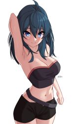  1girl absurdres ahoge arm_up armpits bare_arms bare_shoulders belt black_belt black_shorts blue_eyes blue_hair blush breasts byleth_(female)_(fire_emblem) byleth_(fire_emblem) cleavage commentary cowboy_shot fire_emblem fire_emblem:_three_houses highres like_and_retweet long_hair looking_at_viewer medium_breasts midriff navel nintendo short_shorts shorts simple_background solo standing stomach strapless tube_top white_background x_xith_x 