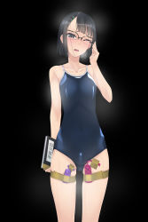 1girl adjusting_eyewear bdsm black_background black_eyes black_hair blush breasts competition_school_swimsuit d; f-ism female_focus glasses hair_ornament hairclip highres looking_at_viewer murakami_suigun one-piece_swimsuit one_eye_closed open_mouth original school_swimsuit semi-rimless_eyewear sex_toy short_hair small_breasts solo sweat swimsuit tears thigh_strap vibrator vibrator_under_clothes wince rating:Questionable score:163 user:danbooru