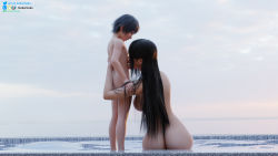  1boy 1girl 3d age_difference aged_down aged_up arm_grab ass back belly_kiss black_hair blender_(medium) breasts curvy final_fantasy final_fantasy_xv from_behind hair_over_eyes hair_over_shoulder height_difference hetero highres huge_ass huge_breasts kiss kudarizaka large_breasts long_hair looking_at_another messy_hair noctis_lucis_caelum nude original pool short_hair shota size_difference sky wide_hips yurika_tachibana  rating:Questionable score:268 user:TheRealKudarizaka