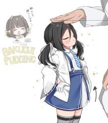  1boy 2girls admiral_(kancolle) apron arrow_(symbol) black_hair blue_necktie blue_skirt blush_stickers closed_eyes closed_mouth collared_shirt commentary_request crying diagonal-striped_clothes diagonal-striped_necktie dotted_line food grey_thighhighs hair_between_eyes hair_ornament hairclip headpat highres holding holding_spoon inagi_(kancolle) inagi_kai_ni_(kancolle) jacket kantai_collection long_hair low_twintails military_jacket mugichoko_(mugi_no_choko) multiple_girls necktie open_clothes open_jacket open_mouth out_of_frame pants plate plate_stack pudding shirt simple_background skirt smile solo_focus sparkle spoon striped_clothes suspender_skirt suspenders tears thighhighs translation_request twintails ukuru_(kancolle) v-shaped_eyebrows wavy_mouth white_background white_jacket white_pants white_shirt yellow_apron 