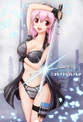 1girl :d armor bikini bikini_armor blade_(character) blade_(cosplay) blade_(marvel) blush breasts cleavage cosplay fingerless_gloves gloves headphones highres holster large_breasts long_hair looking_at_viewer marvel md5_mismatch navel nitroplus open_mouth pink_hair red_eyes smile solo super_sonico swimsuit sword thigh_holster tsuru_maxim weapon rating:Sensitive score:7 user:danbooru