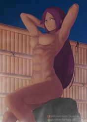 1girl abs armpits arms_behind_head artist_name bamboo bleach breasts brown_eyes completely_nude dark-skinned_female dark_skin female_focus fence grin highres long_hair muscular muscular_female nipples nude onsen parted_bangs purple_hair putcher shihouin_yoruichi sitting smile solo steam sweat very_long_hair watermark web_address rating:Explicit score:177 user:Sk8rslim