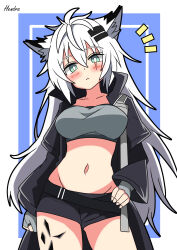  1girl :&lt; absurdres animal_ear_fluff animal_ears arknights artist_name black_coat black_shorts blue_background blush border breasts bright_pupils clenched_hand coat commentary_request fingerless_gloves gloves green_eyes grey_gloves grey_hair grey_sports_bra hand_on_own_hip hendra highres inset_border lappland_(arknights) large_breasts long_hair looking_at_viewer material_growth navel notice_lines oripathy_lesion_(arknights) scar scar_across_eye shorts simple_background single_glove solo sports_bra stomach white_background white_pupils wolf_ears 