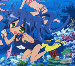  coral fish flippers highres izumi_konata lucky_star megami_magazine non-web_source official_art one-piece_swimsuit pinup_(style) scan school_swimsuit star_(symbol) star_print swimsuit underwater water yamada_naoko 