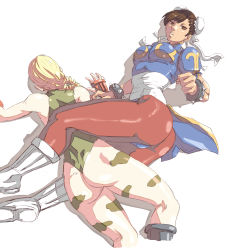 2girls absurdres ass blonde_hair bracelet brown_hair bun_cover cammy_white capcom china_dress chinese_clothes chun-li double_bun dress highleg highleg_leotard highres jewelry leotard mick_cortes multiple_girls pantyhose pelvic_curtain scissorhold street_fighter submission_hold thick_thighs thighs wrestling rating:Questionable score:23 user:danbooru