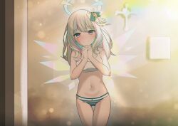  1girl angel angel_girl arial_yuriko bow bra commission cross crucifix crystal feathered_wings feathers hair_ornament halo highres indoors looking_at_viewer multicolored_eyes multicolored_hair panties praying ribbon smile solo striped_clothes striped_panties underwear underwear_only virtual_youtuber vreverie white_bra wings 