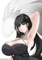  1girl 1other absurdres alternate_breast_size amai-pai armpits artist_name baizhi_(wuthering_waves) bare_shoulders black_dress black_hair blurry blurry_background breasts commentary dress earrings english_commentary eyeliner fanbox_username flower green_eyes h hair_flower hair_intakes hair_ornament highres huge_breasts jewelry long_hair makeup mixed-language_commentary mole mole_under_eye patreon_username presenting_armpit red_eyeliner see-through_dress_layer simple_background tassel tassel_earrings white_background white_tassel wuthering_waves you&#039;tan_(wuthering_waves) 