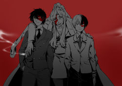  1girl 2boys alternate_costume ama_(mosaicowen) arm_around_shoulder avatar:_the_last_airbender avatar_legends balalaika_(black_lagoon) black_lagoon blue_eyes boku_no_hero_academia breasts cigar cleavage collared_shirt cowboy_shot crossover expressionless formal graphite_(medium) hair_between_eyes hand_in_pocket hand_on_another&#039;s_shoulder heterochromia highres jacket jacket_on_shoulders lips lipstick long_hair looking_at_viewer makeup marker_(medium) mole mole_under_eye multicolored_hair multiple_boys multiple_crossover pantyhose parted_lips ponytail red_background scar scar_on_face school_uniform shirt short_hair sidelocks simple_background smile smoke suit todoroki_shouto traditional_media trait_connection two-tone_hair yellow_eyes zuko  rating:Sensitive score:18 user:danbooru