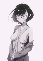  1girl bare_shoulders between_breasts breasts breasts_out closed_mouth collarbone eyelashes flou_(flou_art) glasses highres large_breasts long_sleeves looking_at_viewer medium_breasts monochrome nipples off_shoulder original semi-rimless_eyewear short_hair smile solo star_(symbol)  rating:Questionable score:113 user:danbooru