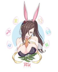  1girl :p animal_ears bare_shoulders between_breasts breasts brown_eyes brown_hair carrot cleavage collarbone corset easter easter_egg eating egg fake_animal_ears fire_emblem fire_emblem_fates fire_emblem_heroes food hair_ornament hair_over_one_eye highres jewelry kagero_(fire_emblem) kagero_(spring)_(fire_emblem) large_breasts leotard licking long_hair necklace ninja nintendo open_mouth playboy_bunny ponytail r3dfive rabbit_ears sexually_suggestive solo spring_(season) strap tongue tongue_out  rating:Sensitive score:50 user:danbooru