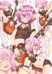  1girl animal_ears bird_wings blush closed_eyes guitar highres instrument gibson_les_paul mystia_lorelei open_mouth pink_eyes pink_hair playing_instrument sakura_simonov sexually_suggestive short_hair simple_background solo tears touhou translation_request white_background wings 