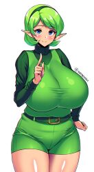  1girl belt breasts green_hair highres huge_breasts looking_at_viewer pointy_ears saria_(zelda) short_hair shorts smile sole_gem solo sweater thick_thighs thighs turtleneck turtleneck_sweater white_background  rating:Sensitive score:27 user:Machinegun