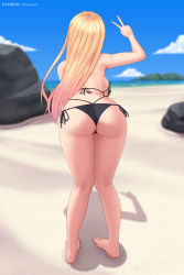 1girl ass ass_focus beach black_panties blonde_hair female_focus from_behind full_body highres kitagawa_marin knees_together_feet_apart looking_away multicolored_hair ocean outdoors panties peace_symbol rocky-ace solo sono_bisque_doll_wa_koi_wo_suru swimsuit two-tone_hair underwear v rating:Questionable score:61 user:Warbox
