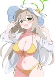  1girl absurdres bikini blue_archive breasts cleavage flower front-tie_bikini_top front-tie_top green_eyes green_halo halo hat hat_flower highres index_fingers_raised large_breasts light_brown_hair long_hair looking_at_viewer nonomi_(blue_archive) nonomi_(swimsuit)_(blue_archive) official_alternate_costume side-tie_bikini_bottom simple_background smile solo sun_hat swimsuit white_background white_hat yellow_bikini yukin_(yukin8210) 