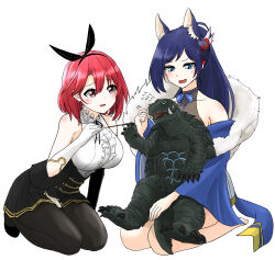 2girls animal_ear_fluff animal_ears asymmetrical_gloves azur_lane bare_shoulders black_fire black_prince_(azur_lane) blue_eyes blue_hair blush bow breasts champagne_bottle claws crossover elbow_gloves fang fangs fire flower fox_ears fox_girl frills fur_scarf gamera gamera_(series) gloves green_eyes grey_hairband hair_between_eyes hair_bow hair_flower hair_ornament hairband highres ibuki_(tulta_icon) jintsuu_(azur_lane) kaijuu kimono_dress large_breasts long_hair looking_at_viewer mismatched_gloves multiple_girls open_mouth pantyhose pink_eyes pink_hair polka_dot_hairband ponytail ribbon roulette_table sash sharp_teeth shirt smile spines table tail teeth tokusatsu turtle turtle_shell tusks wide_sleeves 