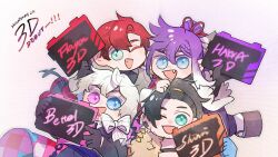 4boys absurdres banzoin_hakka black_gloves blue_eyes blue_hair celebration chibi commentary earrings english_commentary english_text eyelashes fang gavis_bettel gloves green_eyes grey_hair hair_between_eyes happy heterochromia highres holding holding_sign holostars holostars_english holotempus jacket jewelry josuiji_shinri licwiz_1103 long_hair looking_at_viewer machina_x_flayon male_focus multicolored_hair multiple_boys one_eye_closed open_mouth pink_eyes pink_hair ponytail purple_hair red_hair shirt short_hair sign smile upper_body virtual_youtuber white_background 