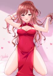 1girl absurdres bang_dream! blush breasts brown_hair china_dress chinese_clothes cleavage_cutout clothing_cutout commentary_request covered_navel dress half_updo heart highres imai_lisa kneeling long_hair looking_at_viewer medium_breasts meu203 sidelocks signature skindentation sleeveless sleeveless_dress solo tongue tongue_out 