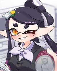  1girl amakusa_setoka black_hair blurry blurry_background bow-shaped_hair callie_(splatoon) can commentary_request drink_can eyelashes highres holding holding_can incoming_drink inkling long_hair mole mole_under_eye nintendo official_alternate_costume one_eye_closed orange_pupils pointy_ears short_eyebrows smile soda_can solo splatoon_(series) splatoon_3 star-shaped_pupils star_(symbol) symbol-shaped_pupils teeth tentacle_hair thick_eyebrows upper_body 