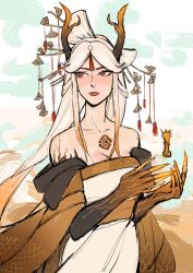  antlers breasts claws cleavage closed_mouth floating floating_object genshin_impact geo_symbol_(genshin_impact) glowing glowing_hand hair_ornament highres horns levitation long_hair looking_to_the_side myrthena ningguang_(genshin_impact) red_eyes upper_body white_hair 