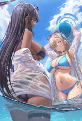  2girls alternate_costume arms_up ass asuna_(blue_archive) back ball bare_shoulders beachball bikini black_bikini black_hair blue_archive blue_bikini blue_eyes blue_ribbon blue_sky blush breasts choker cleavage commentary_request dark-skinned_female dark_skin eyewear_on_head grin hair_over_one_eye hair_ribbon halo highres karin_(blue_archive) large_breasts light_brown_hair long_hair long_sleeves looking_at_viewer looking_back multiple_girls navel off_shoulder open_clothes open_shirt ribbon shirt sideboob silver_bullet_(ecc12_8) sky smile sunglasses swimsuit thigh_strap thighs underboob very_long_hair wading water wet white_shirt yellow_eyes  rating:Sensitive score:40 user:danbooru