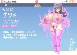 1girl absurdres akan_mori areola_slip aura bikini black_hair blue_background breasts creatures_(company) female_focus floating full_body game_freak gigantic_breasts gloves gradient_background highres huge_breasts japanese_text navel nintendo pink_bikini pink_gloves pink_thighhighs pokemon pubic_tattoo red_eyes sabrina_(pokemon) slingshot_swimsuit solo standing swimsuit tattoo thick_thighs thighhighs thighs translation_request user_interface venus_symbol wide_hips