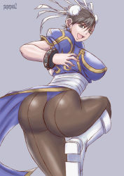 1girl ass backboob bad_anatomy bracelet breasts brown_hair bun_cover capcom china_dress chinese_clothes chun-li cuffs double_bun dress earrings jewelry large_breasts leg_up legs open_mouth pantyhose papepox2 short_hair smile solo spiked_bracelet spikes street_fighter rating:Sensitive score:65 user:SevenForce