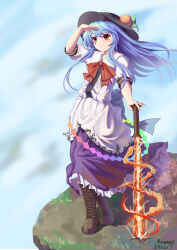  1girl absurdres black_hat blue_hair blush boots bow bowtie brown_footwear cross-laced_footwear fire food fruit hat highres hinanawi_tenshi holding holding_sword holding_weapon lace-up_boots leaf long_hair peach purple_skirt red_eyes red_ribbon ribbon rock shirt skirt sky solo sword sword_of_hisou touhou weapon white_shirt yorange17 