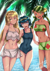  3girls bare_shoulders bikini blonde_hair blue_eyes blue_hair blush braid breasts closed_mouth collarbone covered_navel creatures_(company) dark-skinned_female dark_skin day game_freak gen_1_pokemon goggles goggles_on_head green_eyes green_hair hair_ornament highres lana_(pokemon) lillie_(pokemon) long_hair looking_at_viewer low_twintails mallow_(pokemon) medium_breasts midriff multiple_girls navel neck nintendo one-piece_swimsuit open_mouth outdoors pokemon pokemon_(anime) pokemon_(creature) pokemon_sm_(anime) short_hair shorts signature small_breasts smile standing staryu strapless strapless_bikini swimsuit takecha teeth tree trial_captain twintails water  rating:Sensitive score:93 user:danbooru