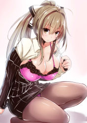  10s 1girl amagi_brilliant_park blush bow bra breasts brown_eyes brown_hair business_suit cleavage formal goban hair_bow huge_breasts lace lace-trimmed_bra lace_trim long_hair open_clothes panties panties_over_pantyhose pantyhose ponytail purple_bra purple_panties sento_isuzu simple_background solo squatting suit underwear white_background  rating:Questionable score:98 user:danbooru