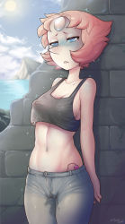 1girl against_wall biting blue_eyes blush breasts brown_hair cameltoe cleavage crop_top day covered_erect_nipples exhibitionism forehead_jewel highres lip_biting medium_breasts navel pale_skin pearl_(steven_universe) pussy_juice pussy_juice_stain sex_toy short_hair solo steven_universe stomach tank_top tears trembling vibrator vibrator_under_clothes wet wet_clothes yellowroom rating:Questionable score:188 user:danbooru