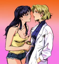  2girls absurdres akagi_ritsuko alcohol beer beer_can blonde_hair blush breasts can cleavage drink_can drunk earrings eye_contact grabbing grabbing_another&#039;s_shoulder highres imminent_kiss jewelry katsuragi_misato lab_coat lesbian_flag long_hair looking_at_another medium_breasts multiple_girls neon_genesis_evangelion pointing pointing_at_another purple_hair scubaby short_hair shorts tank_top yellow_tank_top yuri 