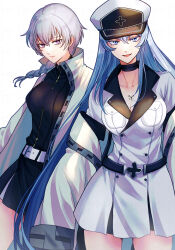  2girls :d absurdres akame_ga_kill! belt black_shirt black_skirt blue_eyes blue_hair braid breasts buttons cleavage closed_mouth cowboy_shot double-breasted esdeath grey_eyes grey_hair hair_between_eyes highres jacket large_breasts long_hair looking_at_viewer multiple_girls najenda_(akame_ga_kill!) open_mouth shirt skirt smile toukaairab white_belt white_jacket 