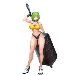 1girl abs arm_up armpits bikini breasts cleavage fingerless_gloves full_body game_cg gloves gluteal_fold green_hair hand_on_own_hip highres huge_weapon large_breasts last_origin looking_at_viewer mighty_r navel official_alternate_costume official_art open_mouth red_eyes shoes short_hair sima_(startwitch) smile sneakers solo sports_bikini sportswear swimsuit tachi-e thighs toned transparent_background weapon weights rating:Sensitive score:39 user:danbooru