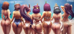  6+girls absurdres adjusting_hair armlet ass ass_grab back backboob bandages bare_arms bare_back bare_shoulders beach bikini black_hair blue_one-piece_swimsuit blue_sky bracelet breasts brown_hair cloud crossover crown curvy dark-skinned_female dark_skin day eliza_(skullgirls) epic eye_of_horus fate_(series) from_behind grabbing_another&#039;s_ass highres hip_focus huge_ass ishizu_ishtar jewelry large_breasts lineup long_hair luminyu luminyu_overwatch medium_breasts menace menat multiple_crossover multiple_girls neith_(smite) nitocris_(fate) ocean outdoors overwatch overwatch_1 pharah_(overwatch) ponytail purple_hair queen&#039;s_blade sand short_hair sideboob skullgirls sky smite standing street_fighter swimsuit tagme thick_thighs thighs tiara very_long_hair watermark web_address white_bikini wide_hips yu-gi-oh!  rating:Sensitive score:265 user:LivingCorpse