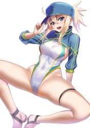 1girl :d absurdres adjusting_clothes adjusting_headwear ahoge arm_support artoria_pendragon_(all) artoria_pendragon_(fate) blonde_hair blue_eyes competition_swimsuit covered_navel fate/grand_order fate_(series) hat head_tilt highres jacket kujuu_shikuro long_hair looking_at_viewer one-piece_swimsuit open_mouth ponytail saber_(fate) sandals shrug_(clothing) simple_background skindentation smile solo spread_legs swimsuit thigh_strap white_background rating:Sensitive score:17 user:danbooru
