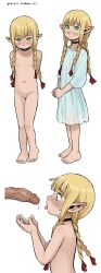  1boy 1girl absurdres age_difference aged_down blonde_hair blush braid choker dress dungeon_meshi elf feet flat_chest gnsisir green_eyes hetero highres legs loli marcille_donato navel nipples nude off/on open_mouth penis pointy_ears pussy standing tears thighs toes tongue tongue_out twin_braids uncensored veins veiny_penis white_background  rating:Explicit score:220 user:VHSephi
