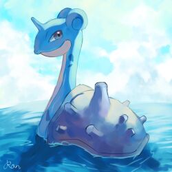  artist_name blue_skin colored_skin creatures_(company) from_behind game_freak gen_1_pokemon grey_hair horns lapras looking_at_viewer looking_back nintendo no_humans partially_submerged pokemon pokemon_(creature) rongai28 shell single_horn smile solo 