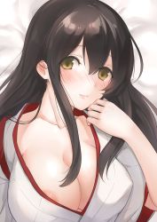 10s 1girl akagi_(kancolle) areola_slip black_hair blush breasts brown_eyes cleavage collarbone covered_erect_nipples ear_blush fukuroumori japanese_clothes kantai_collection large_breasts long_hair looking_at_viewer lying no_bra nose_blush on_back smile solo upper_body wide_sleeves rating:Questionable score:12 user:danbooru