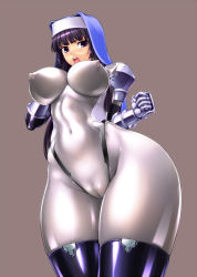  1girl alternate_color black_hair bodysuit breasts cameltoe cleft_of_venus coif covered_erect_nipples elbow_gloves gloves habit hip_focus huge_breasts kamori_sayaka large_breasts latex nun open_mouth original pov rindou_(radical_dream) skin_tight solo thick_thighs thighhighs thighs wide_hips  rating:Questionable score:158 user:danbooru
