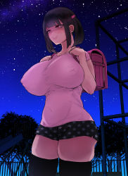  1girl absurdres backpack bag black_hair black_thighhighs blush breasts commentary_request covered_erect_nipples covered_navel hair_bobbles hair_ornament highres huge_breasts large_breasts night original randoseru red_eyes ricochet-gou shaded_face short_hair short_shorts shorts skindentation sky smile solo standing star_(sky) starry_sky thick_thighs thighhighs thighs  rating:Questionable score:110 user:danbooru
