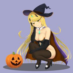  1girl alternate_costume bad_id bad_pixiv_id black_hat black_thighhighs blonde_hair blush breasts cape chest_jewel cleavage clogs commentary_request detached_collar full_body gem gold_trim hair_ornament halloween halloween_costume hat headpiece high_heels highres jack-o&#039;-lantern jewelry large_breasts long_hair mythra_(xenoblade) nemunemu_semi nintendo pom_pom_(clothes) pumpkin pumps smile solo squatting swept_bangs thighhighs very_long_hair witch_hat xenoblade_chronicles_(series) xenoblade_chronicles_2  rating:Sensitive score:11 user:danbooru