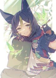  1boy anetu_u107 animal_ear_fluff animal_ears black_gloves black_hair black_pants blurry blurry_background blush branch bright_pupils brown_eyes brown_gloves bug commentary_request crystalfly_(genshin_impact) drawstring earrings fox_ears genshin_impact gloves green_eyes green_hair grin hair_between_eyes hands_up highres holding holding_pencil holding_sketchbook hood hood_down hoodie jewelry light_particles looking_at_viewer male_focus multicolored_eyes multicolored_hair pants pencil pouch purple_sash rope sash short_hair short_sleeves single_earring sitting sketchbook smile solo sparkle streaked_hair tassel tighnari_(genshin_impact) two-tone_gloves vision_(genshin_impact) white_pupils wrist_cuffs 