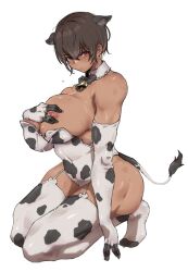  abs animal_ears animal_print bell biceps breasts brown_hair cleavage commentary covered_abs cow_ears cow_girl cow_print cow_tail cowbell dark-skinned_female dark_skin garter_straps highres kei_(m_k) lactation large_breasts m_k muscular muscular_female navel nipple_slip nipples obliques original red_eyes short_hair symbol-only_commentary tail tall tall_female tan thick_thighs thighs tomboy toned 