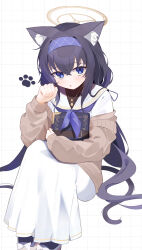  1girl absurdres animal_ear_fluff animal_ears black_hair blue_archive blush book brown_cardigan cardigan cat_ears hairband halo highres jewelry long_hair long_sleeves looking_at_viewer neckerchief necklace parted_lips paw_print purple_eyes purple_hairband purple_neckerchief sailor_collar shishiodoshi skirt solo ui_(blue_archive) white_sailor_collar white_skirt 